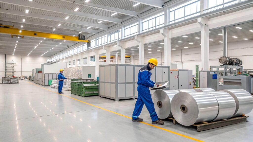 A magnifying glass hovering over a sample of recycled aluminum, showing its crystalline structure intact and clean, without visible degradation.